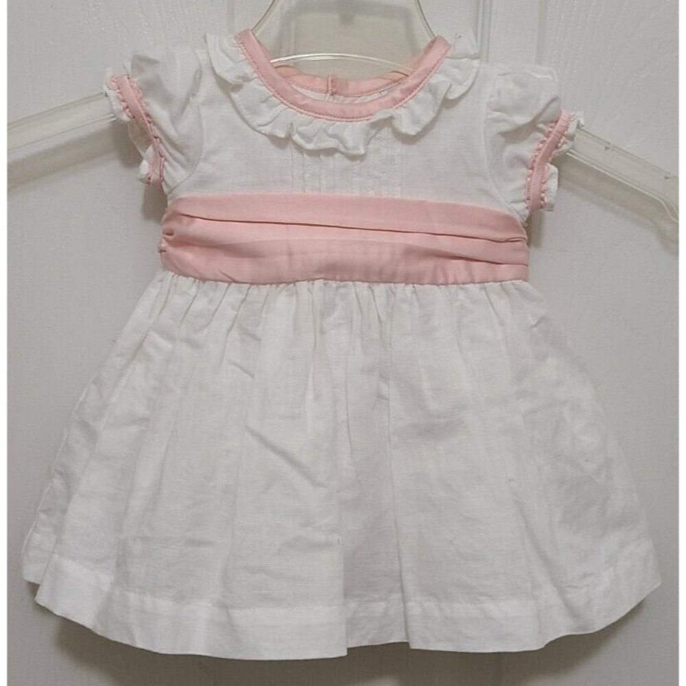 Edgehill Collection Baby Girls Short Sleeve Ruffle Dress White/Pink Linen Sz 3M